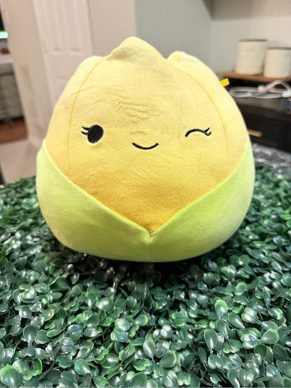 Squishmallows Yellow and Lime Green Winking Plush Pillow